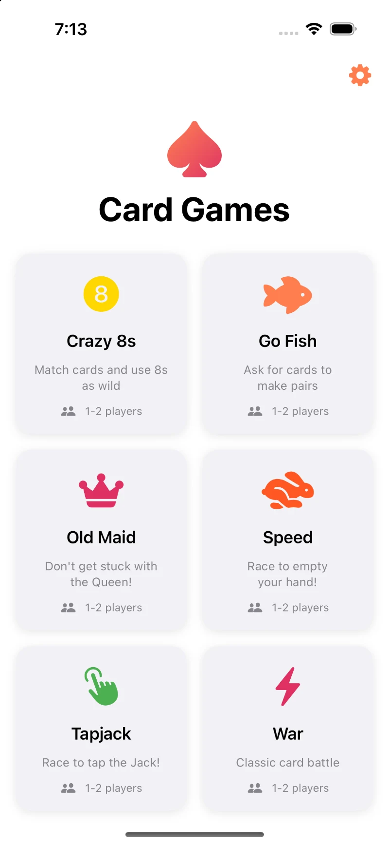 Better Together Card Games app showing the available games
