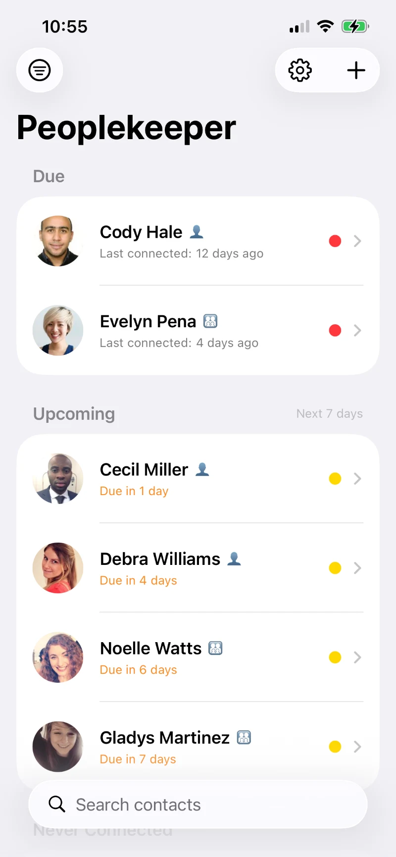 Peoplekeeper app showing contacts and upcoming reminders